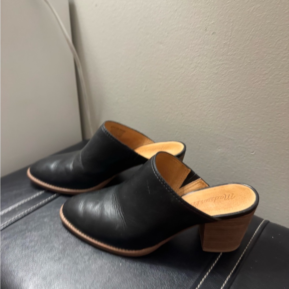 Madewell Harper Mule Black Leather Mules with Wooden Heel